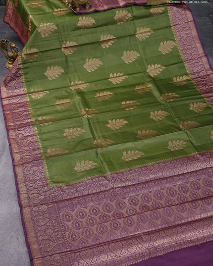 Banarasi tussar silk saree mehendi green and deep purple with thread & zari woven buttas and woven border