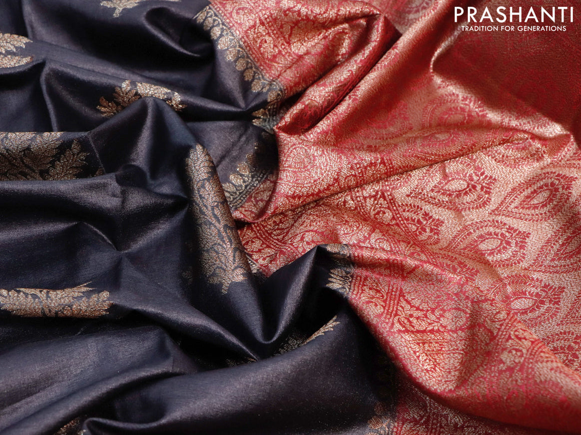 Banarasi tussar silk saree black and maroon with thread & zari woven buttas and woven border