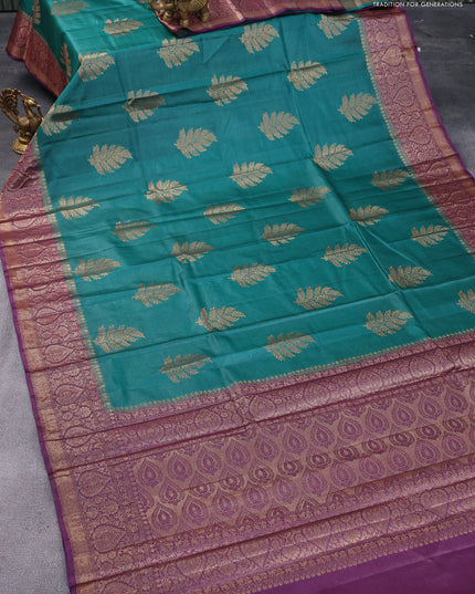 Banarasi tussar silk saree peacock green and deep purple with thread & zari woven buttas and woven border