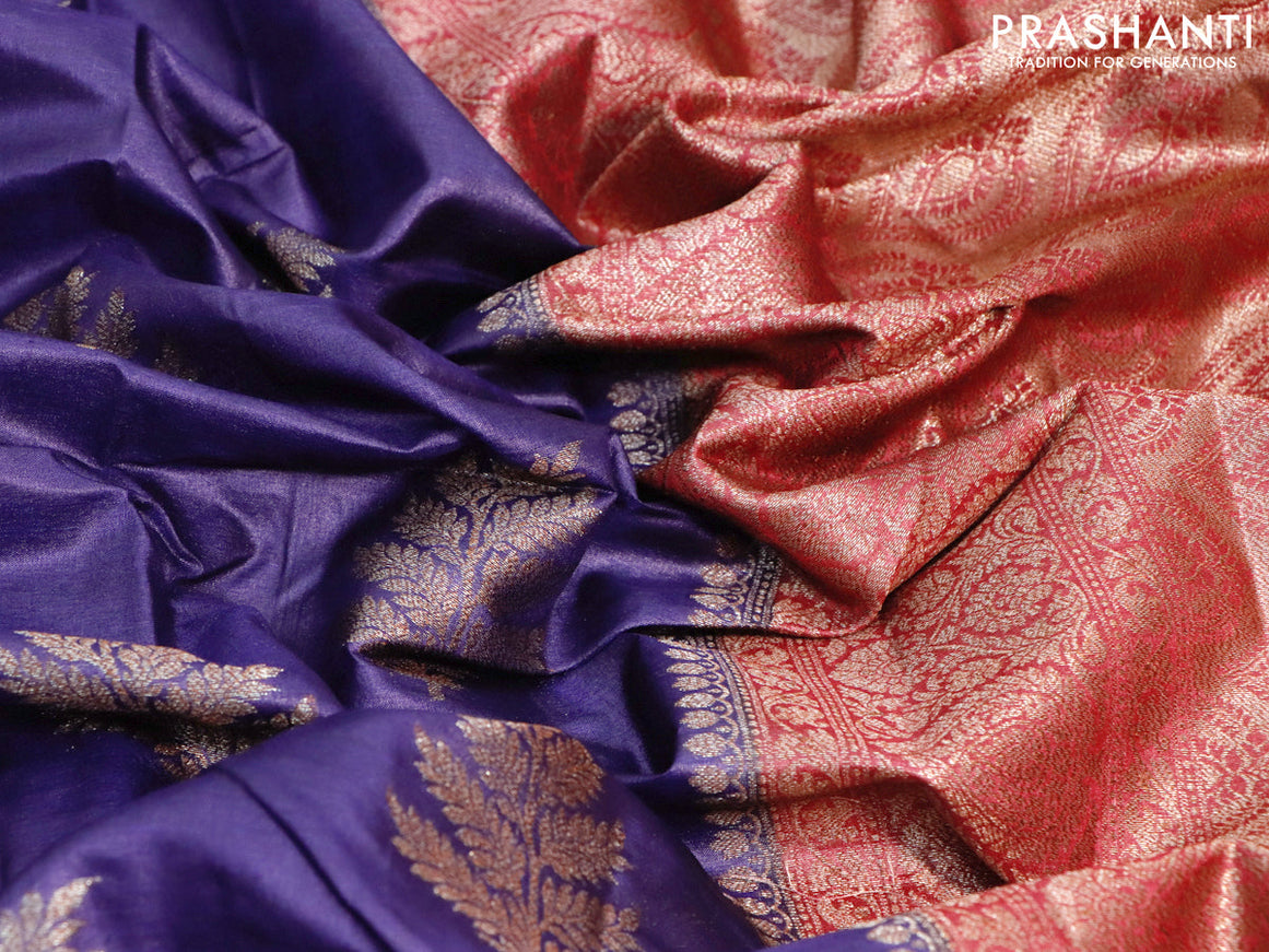 Banarasi tussar silk saree blue and maroon with thread & zari woven buttas and woven border