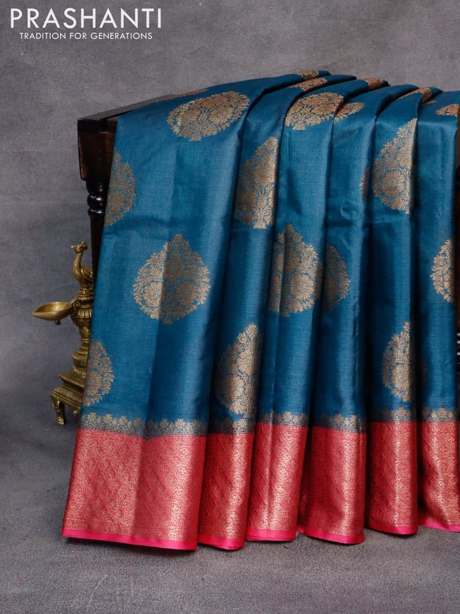 Banarasi tussar silk saree peacock blue and magenta pink with thread & zari woven buttas and woven border