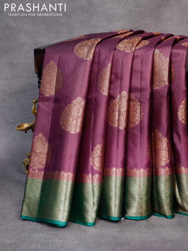 Banarasi tussar silk saree deep wine shade and green with thread & zari woven buttas and woven border