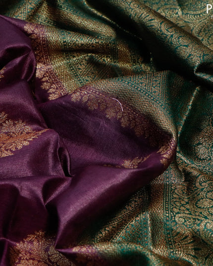 Banarasi tussar silk saree deep wine shade and green with thread & zari woven buttas and woven border