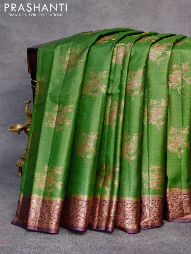 Banarasi tussar silk saree green and deep wine shade with thread & zari woven buttas and woven border