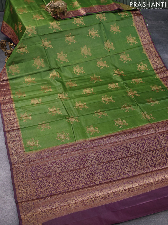 Banarasi tussar silk saree green and deep wine shade with thread & zari woven buttas and woven border