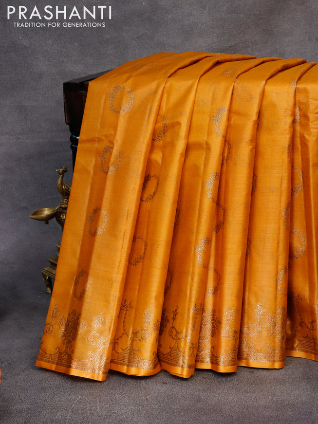 Banarasi tussar silk saree mustard yellow and maroon with thread & zari woven buttas and woven border