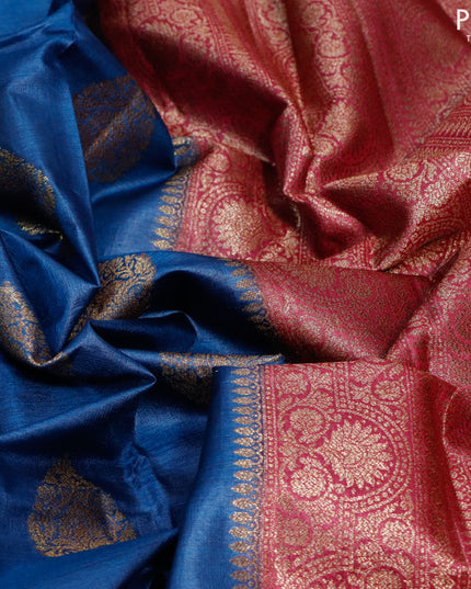 Banarasi tussar silk saree cs blue and dark magenta pink with thread & zari woven buttas and piping border