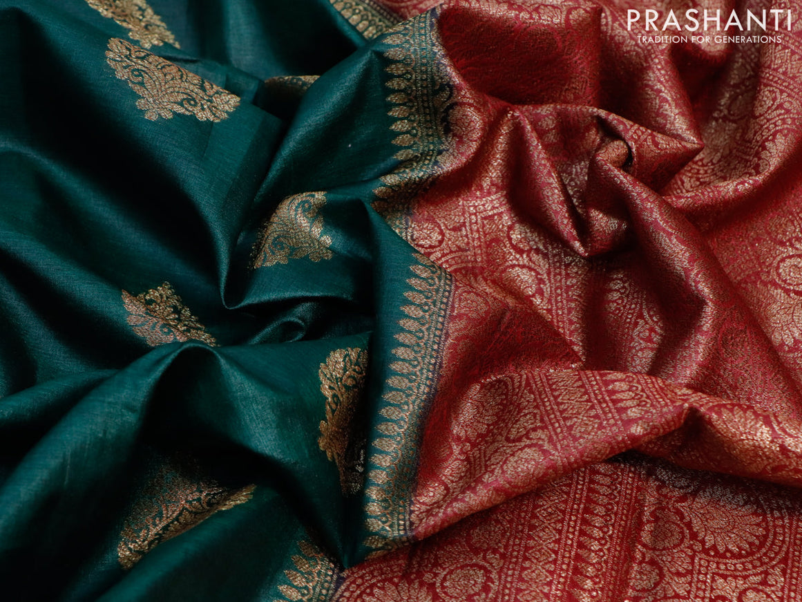 Banarasi tussar silk saree green and maroon with thread & zari woven buttas and piping border