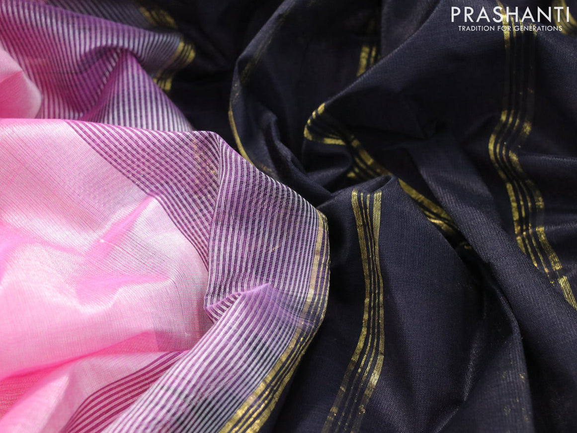 Silk cotton saree light pink and black with plain body and zari woven border