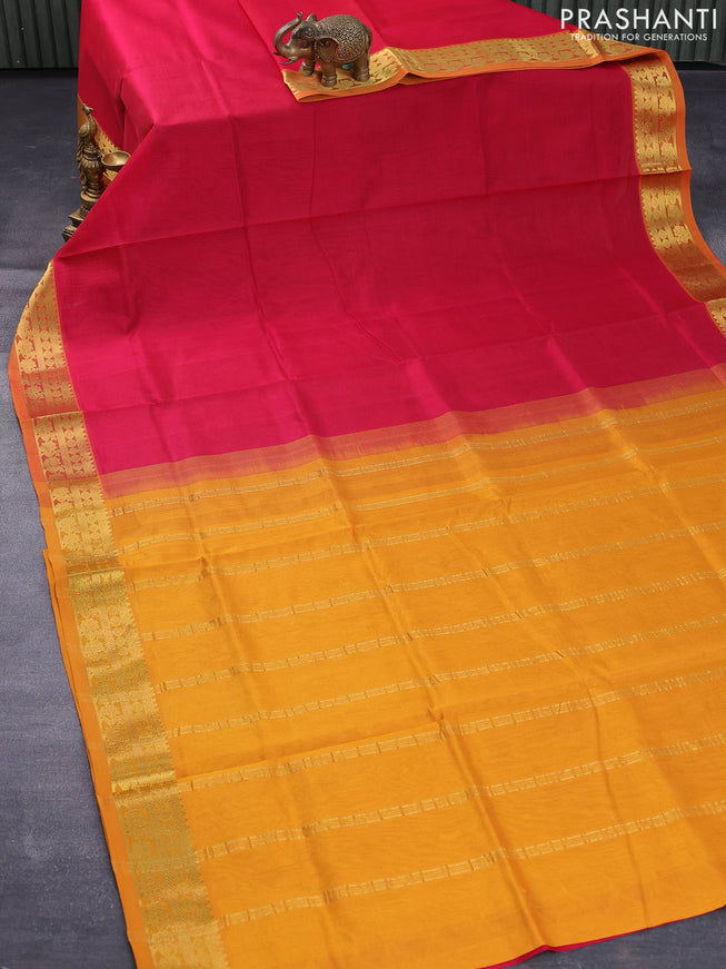 Silk cotton saree reddish pink and mustard yellow with plain body and zari woven border