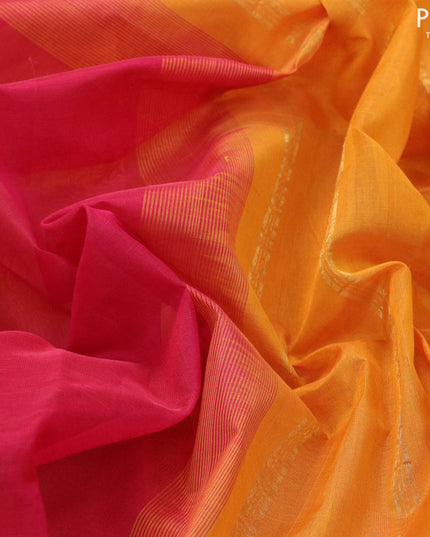 Silk cotton saree reddish pink and mustard yellow with plain body and zari woven border