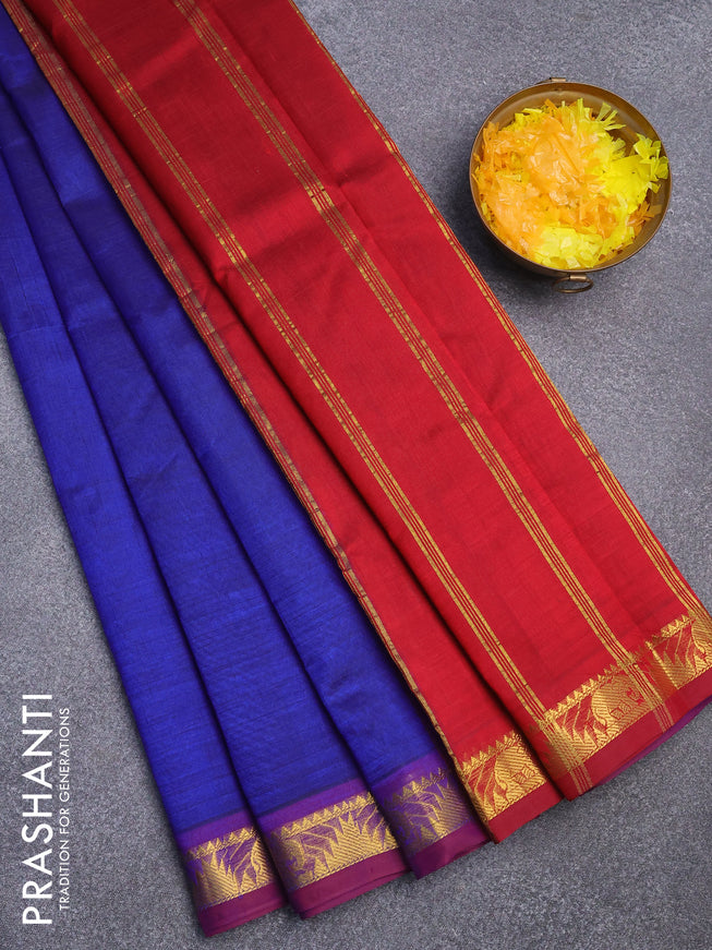 Silk cotton saree blue and maroon with plain body and small zari woven border