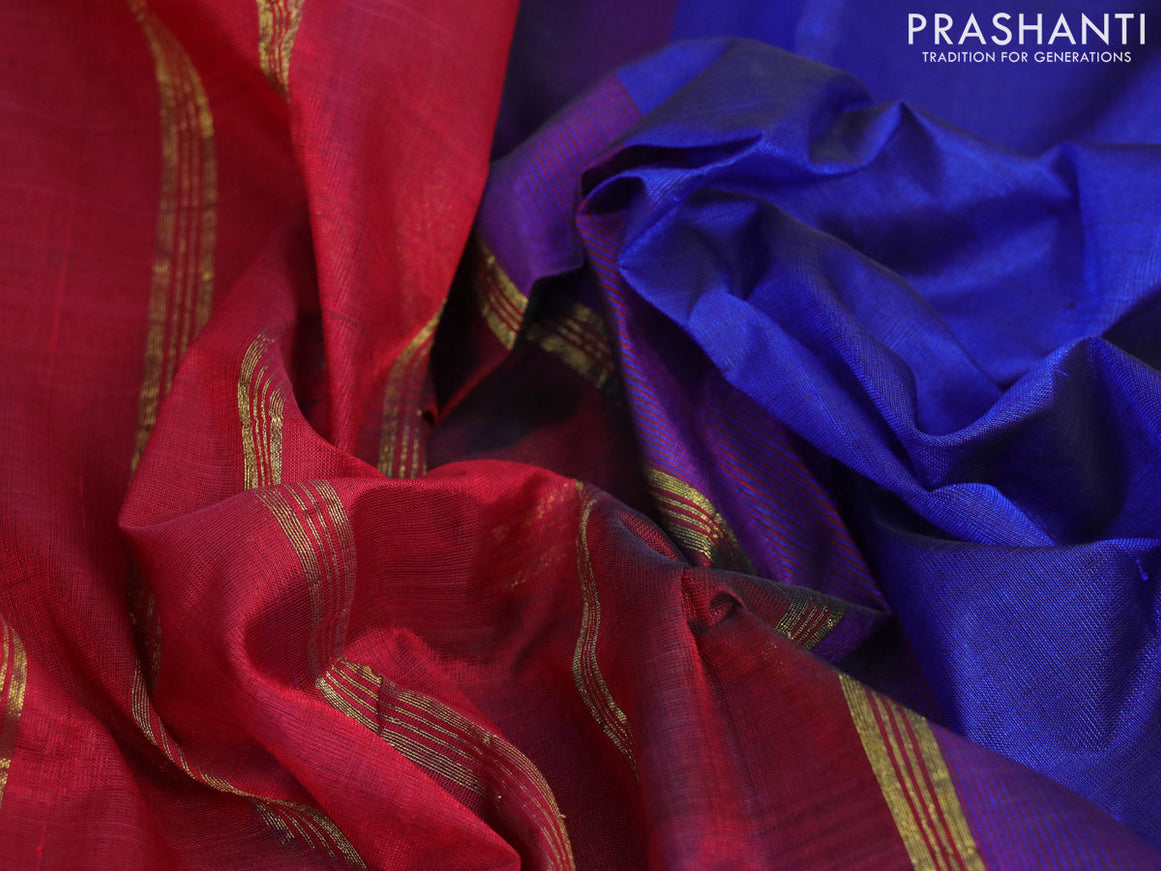 Silk cotton saree blue and maroon with plain body and small zari woven border
