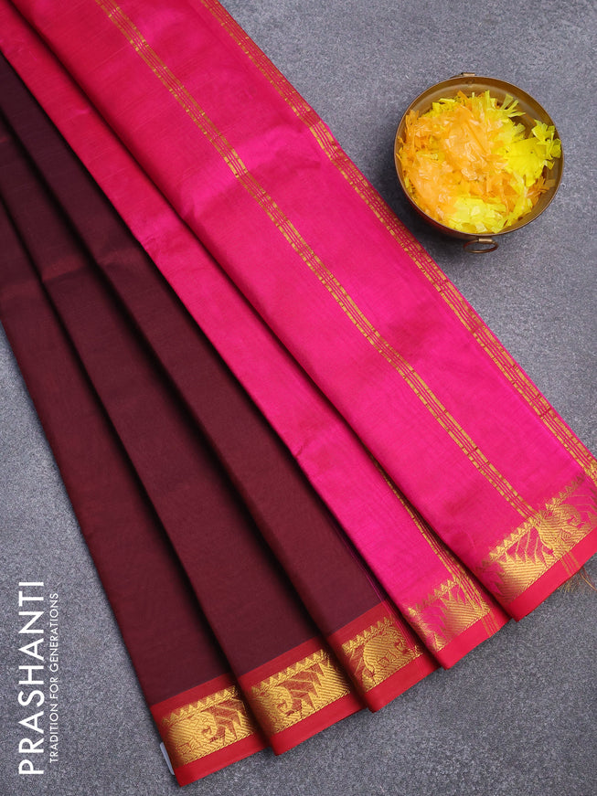 Silk cotton saree deep maroon and pink with plain body and small zari woven border