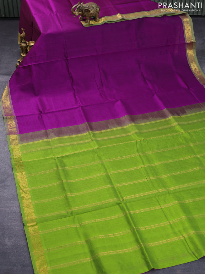 Silk cotton saree violet and light green with plain body and small zari woven border