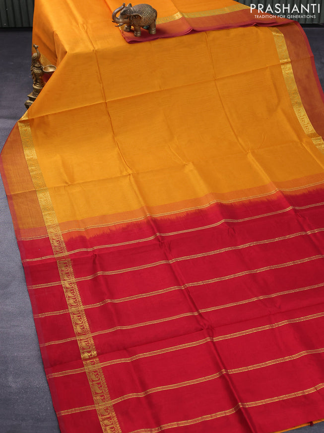 Silk cotton saree mango yellow and maroon with plain body and zari woven simple border
