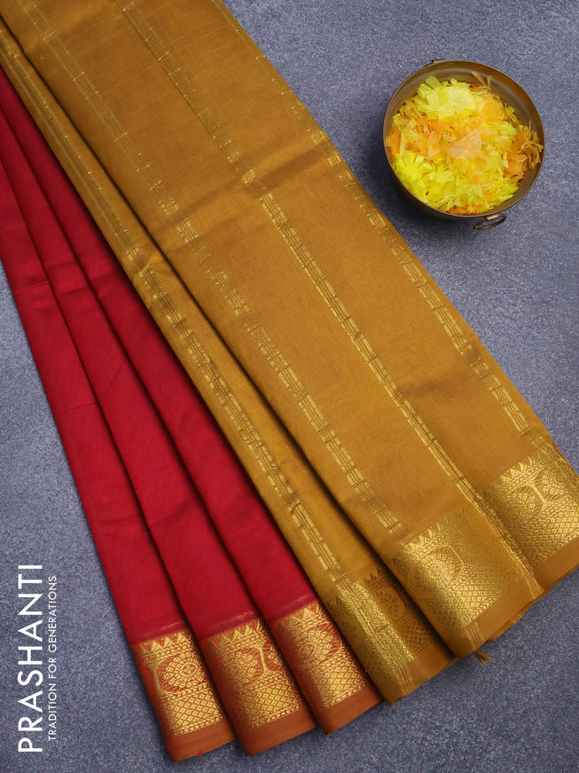 Silk cotton saree maroon and dark mustard with plain body and zari woven border