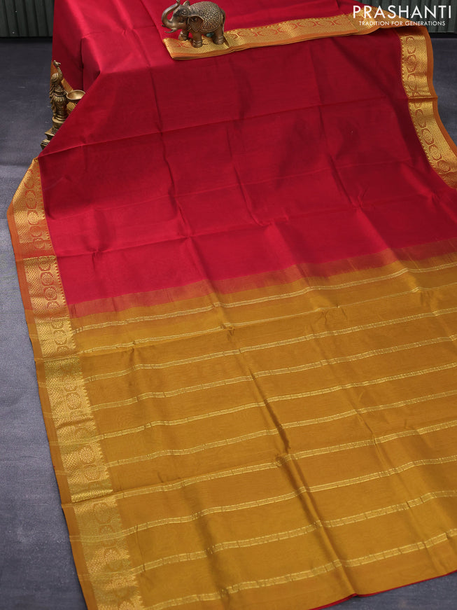 Silk cotton saree maroon and dark mustard with plain body and zari woven border