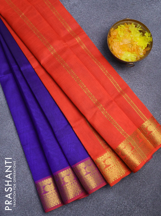 Silk cotton saree blue and orange with plain body and zari woven border