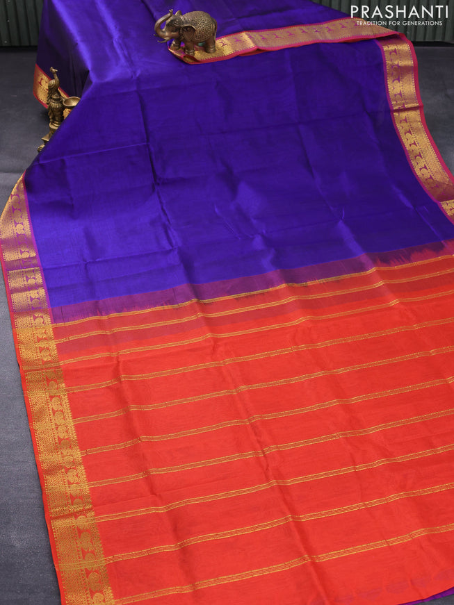 Silk cotton saree blue and orange with plain body and zari woven border