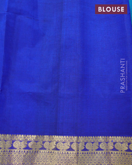 Silk cotton saree teal blue and blue with plain body and zari woven border
