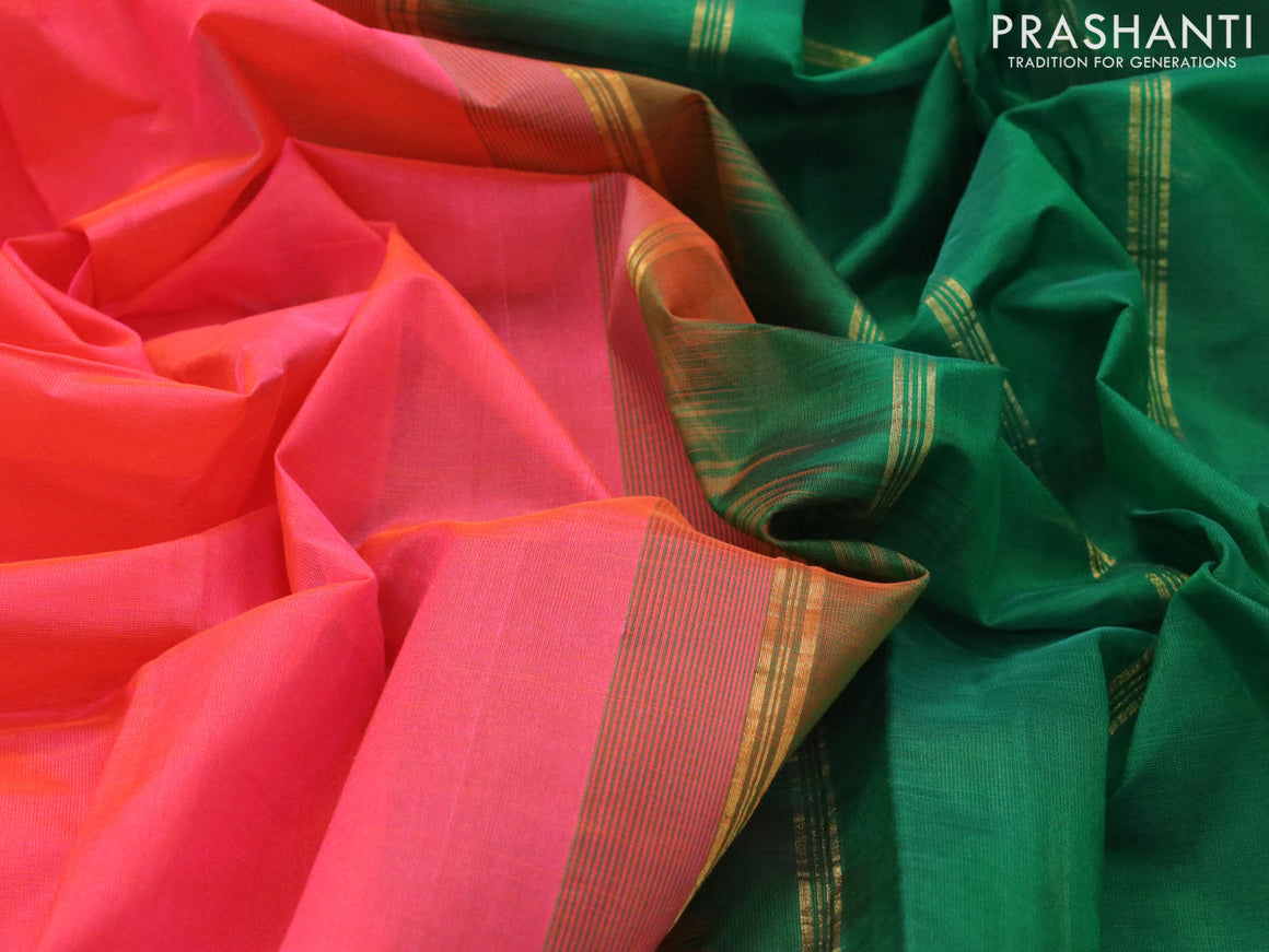 Silk cotton saree dual shade of pinkish orange and green with plain body and small zari woven border