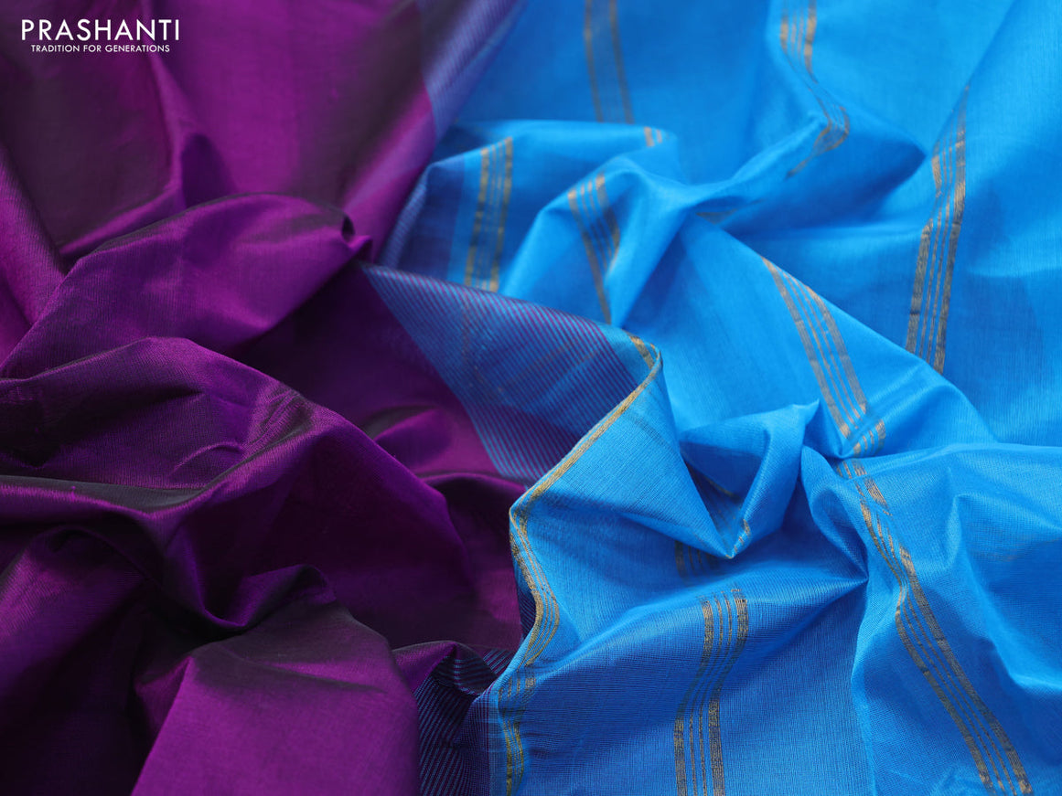 Silk cotton saree deep purple and cs blue with plain body and small zari woven border