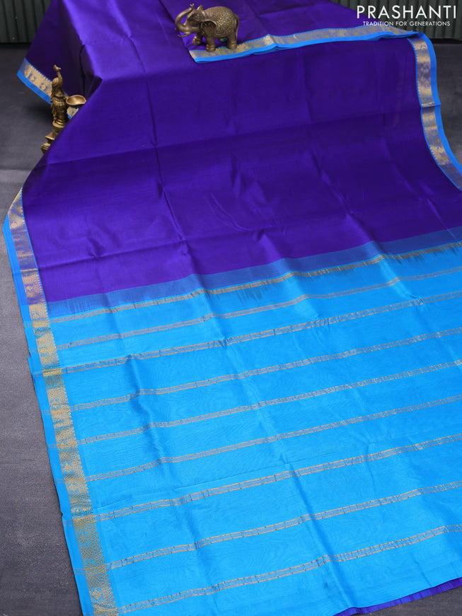 Silk cotton saree blue and cs blue with plain body and small zari woven border