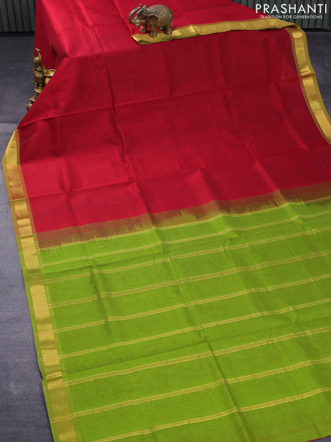 Silk cotton saree maroon and light green with plain body and small zari woven border