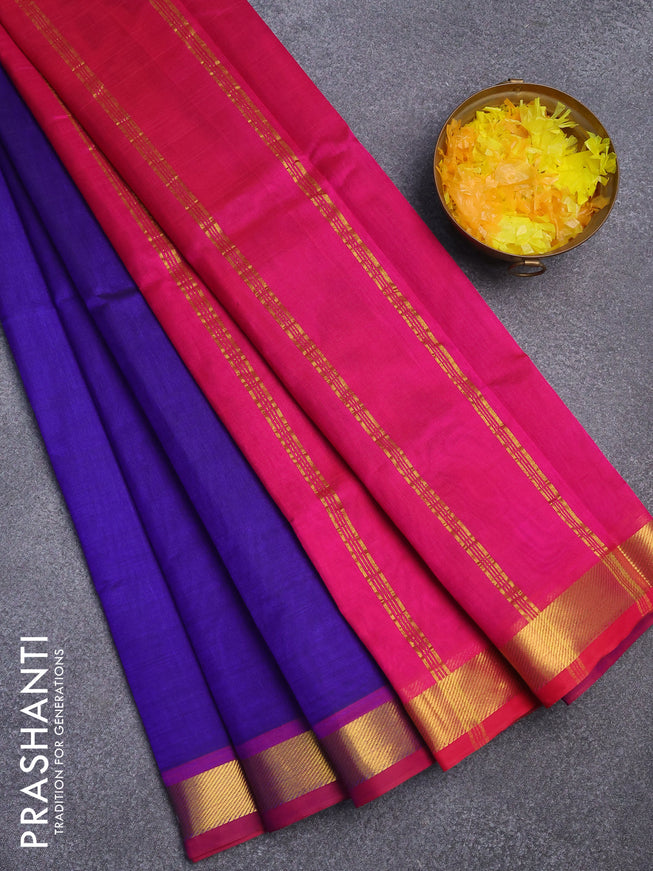 Silk cotton saree blue and pink with plain body and small zari woven border