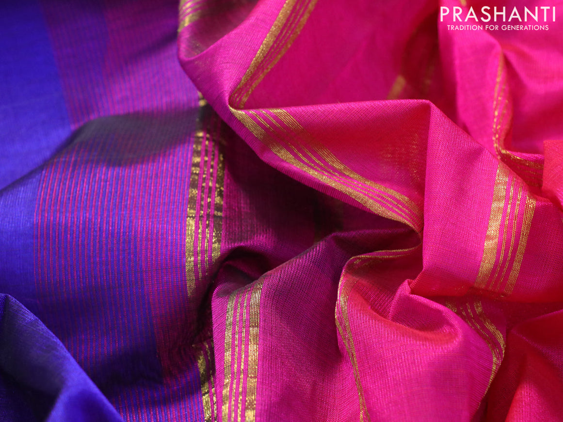Silk cotton saree blue and pink with plain body and small zari woven border