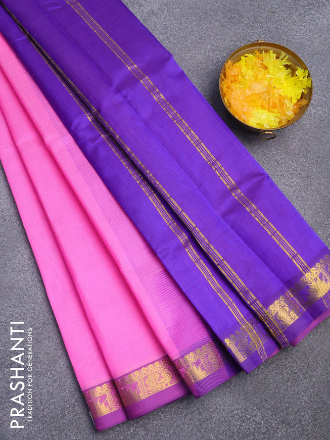 Silk cotton saree candy pink and blue with plain body and small zari woven border