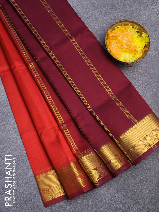 Silk cotton saree rustic orange and wine shade with plain body and zari woven border