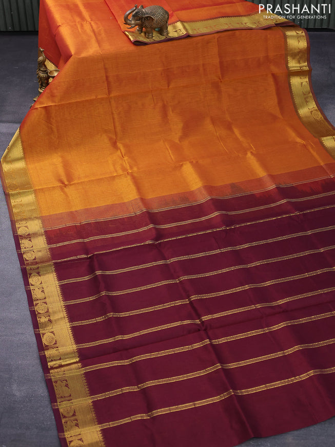 Silk cotton saree dual shade of mustard and wine shade with plain body and zari woven border