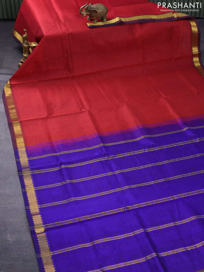 Silk cotton saree maroon and blue with plain body and small zari woven border
