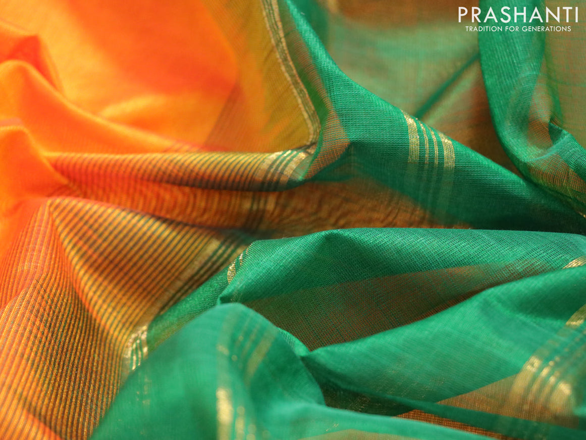 Silk cotton saree orange and green with plain body and small zari woven border