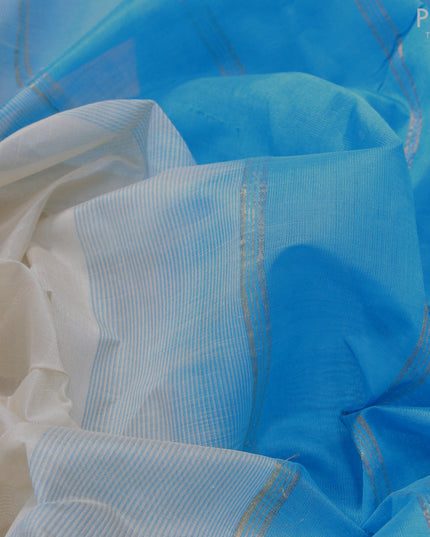 Silk cotton saree off white and cs blue with plain body and annam zari woven border