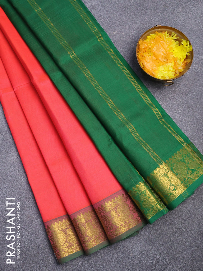 Silk cotton saree candy pink and green with plain body and annam zari woven border