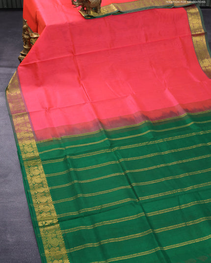 Silk cotton saree candy pink and green with plain body and annam zari woven border