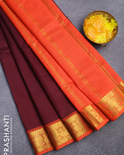 Silk cotton saree coffee brown and orange with plain body and annam zari woven border