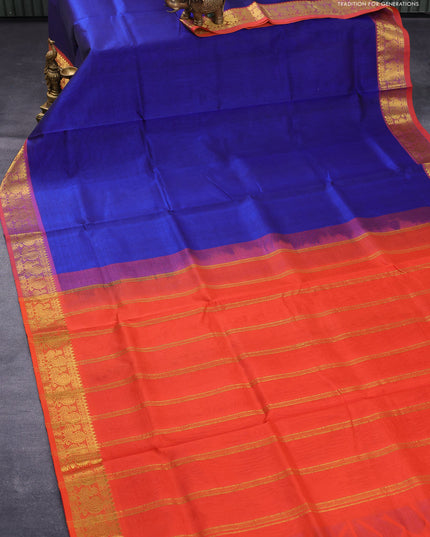 Silk cotton saree blue and orange with plain body and annam zari woven border