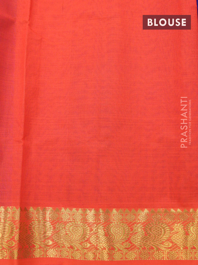 Silk cotton saree blue and orange with plain body and annam zari woven border
