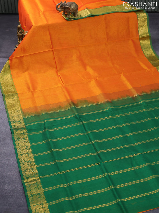 Silk cotton saree orange and green with plain body and annam zari woven border