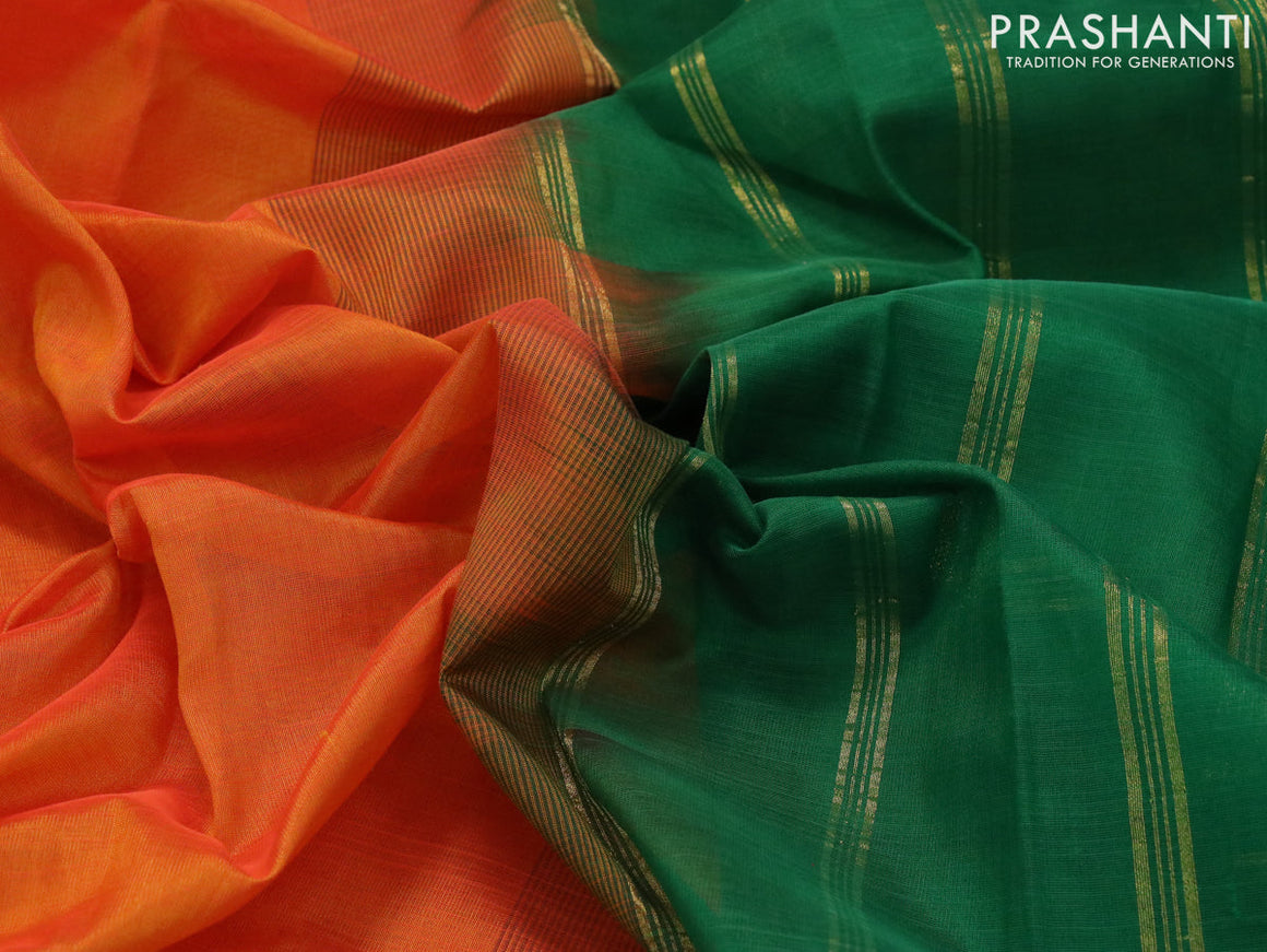 Silk cotton saree orange and green with plain body and annam zari woven border