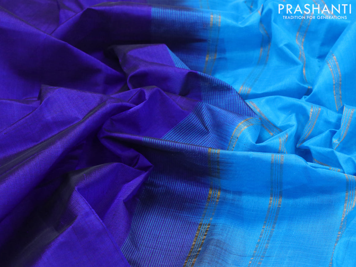 Silk cotton saree blue and cs blue with plain body and annam zari woven border