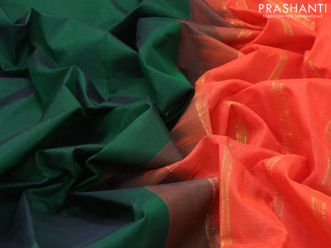 Silk cotton saree dark green and orange with plain body and annam zari woven border
