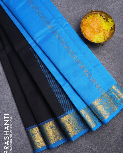 Silk cotton saree black and cs blue with plain body and annam zari woven border