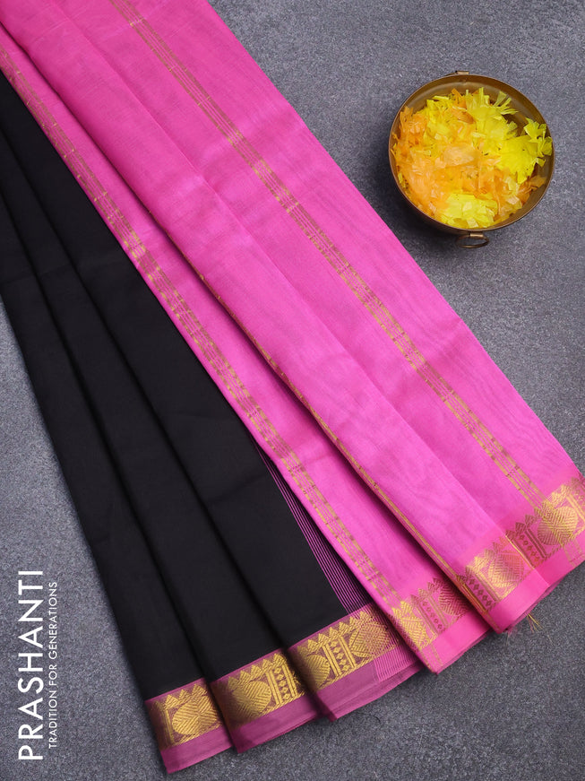 Silk cotton saree black and light pink with plain body and small zari woven border