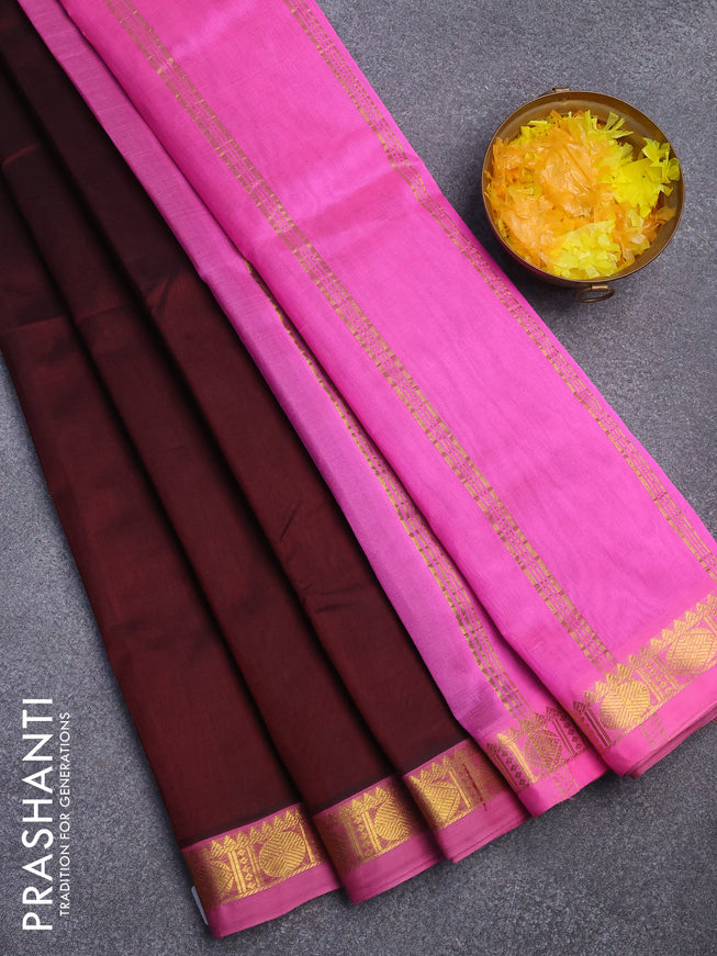 Silk cotton saree brown and light pink with plain body and small zari woven border