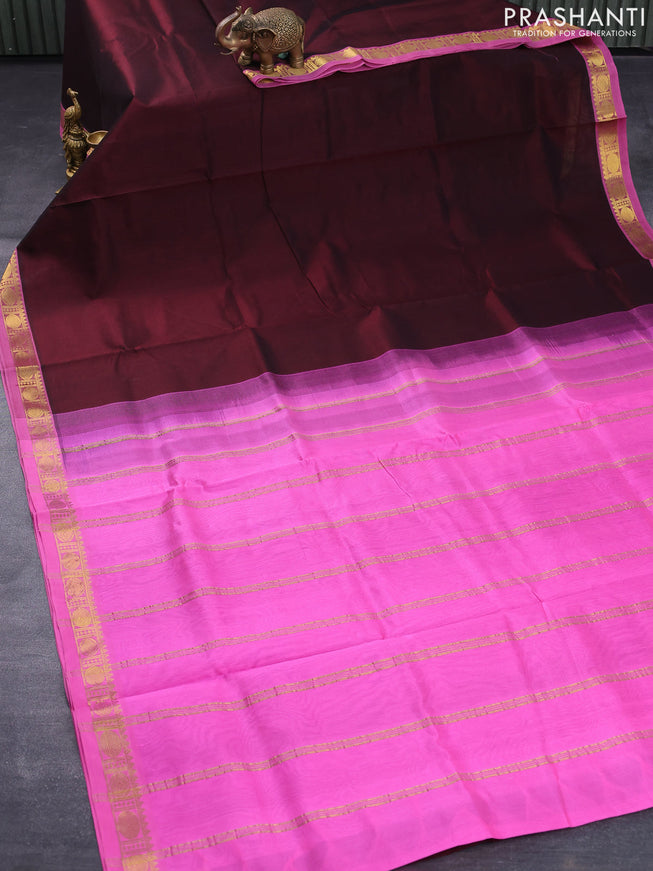 Silk cotton saree brown and light pink with plain body and small zari woven border